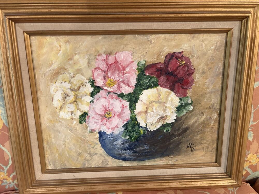 Vintage Original Floral Oil Painting Large Framed Canvas Signed Art